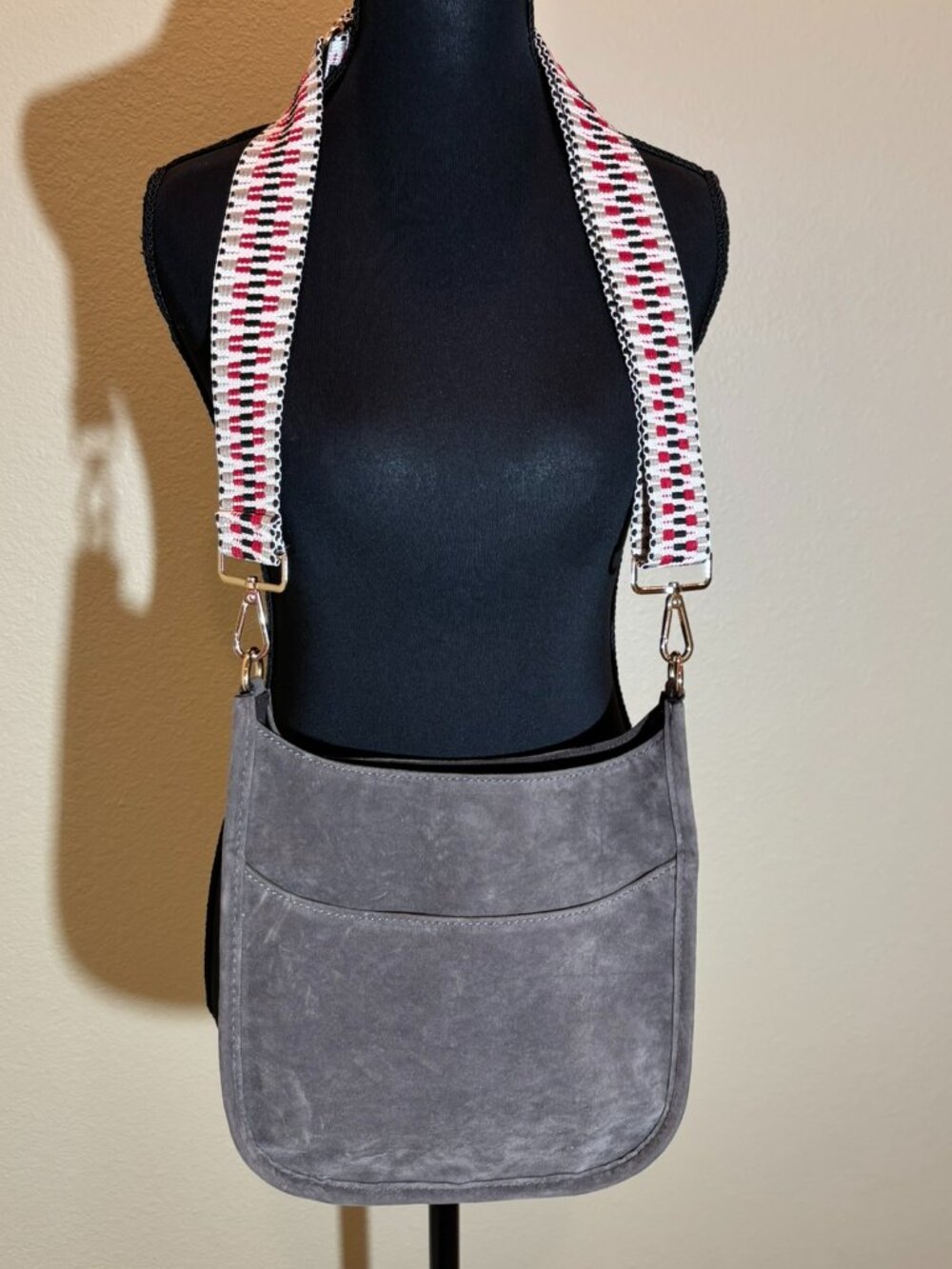 Brown Faux Suede Hobo Messenger Purse Multi-Color Strap